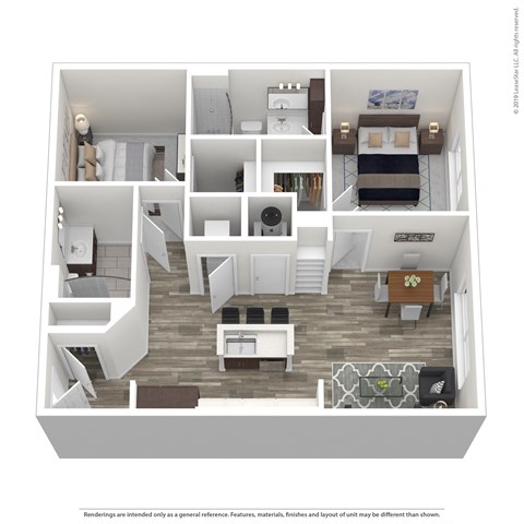 A 3D rendered image of a modern apartment layout.
